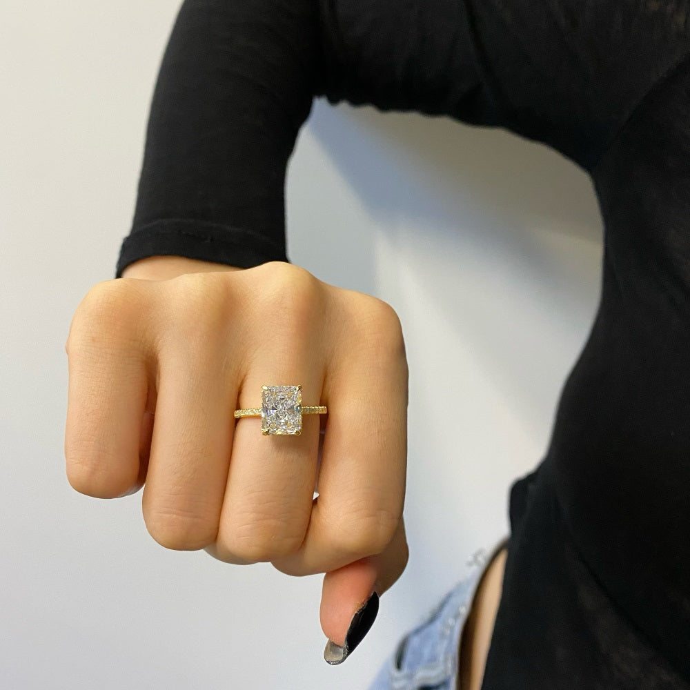 Silver Zircon Radiant Cut Iced Inlaid Solitaire Ring