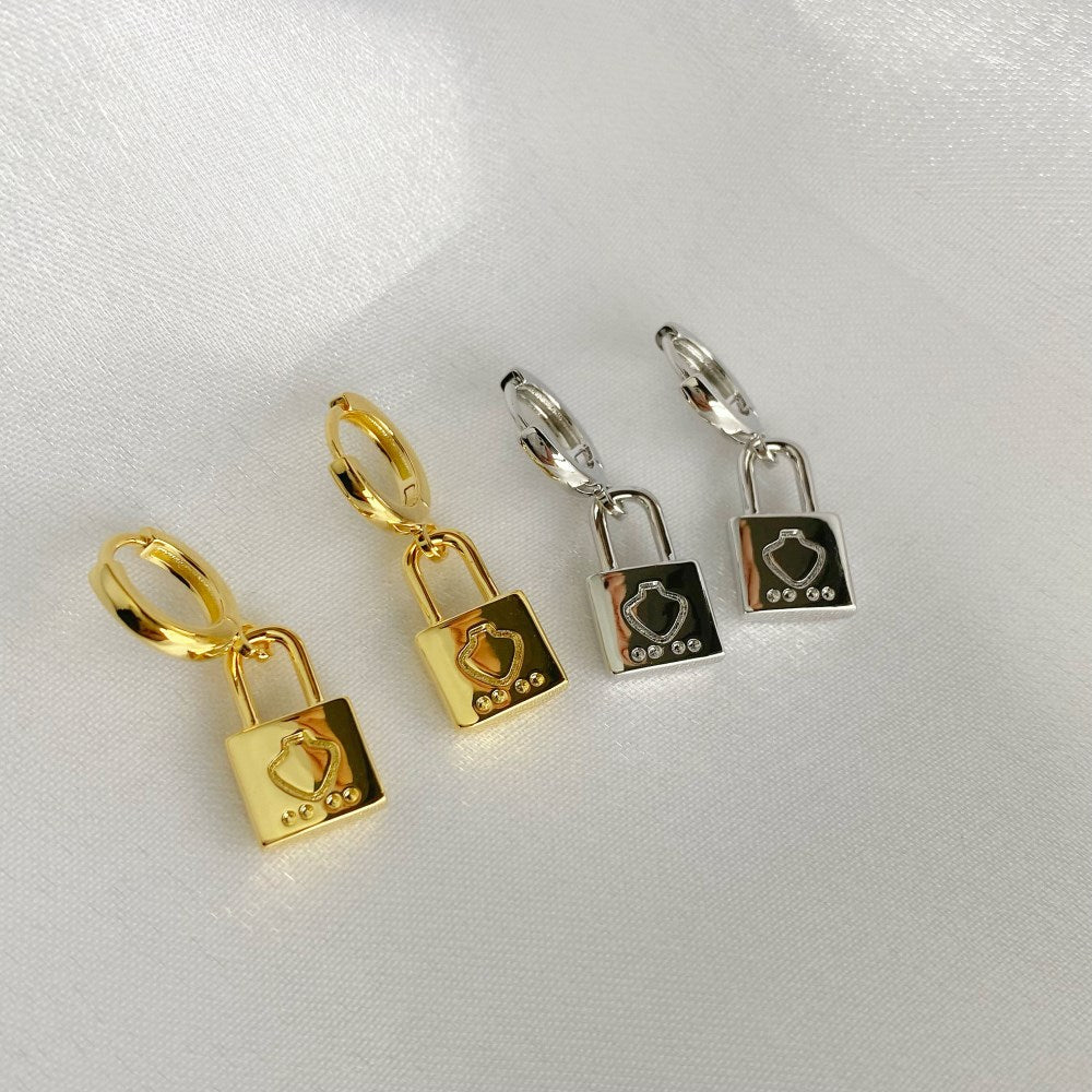 Silver Drop Lock Huggie Earrings