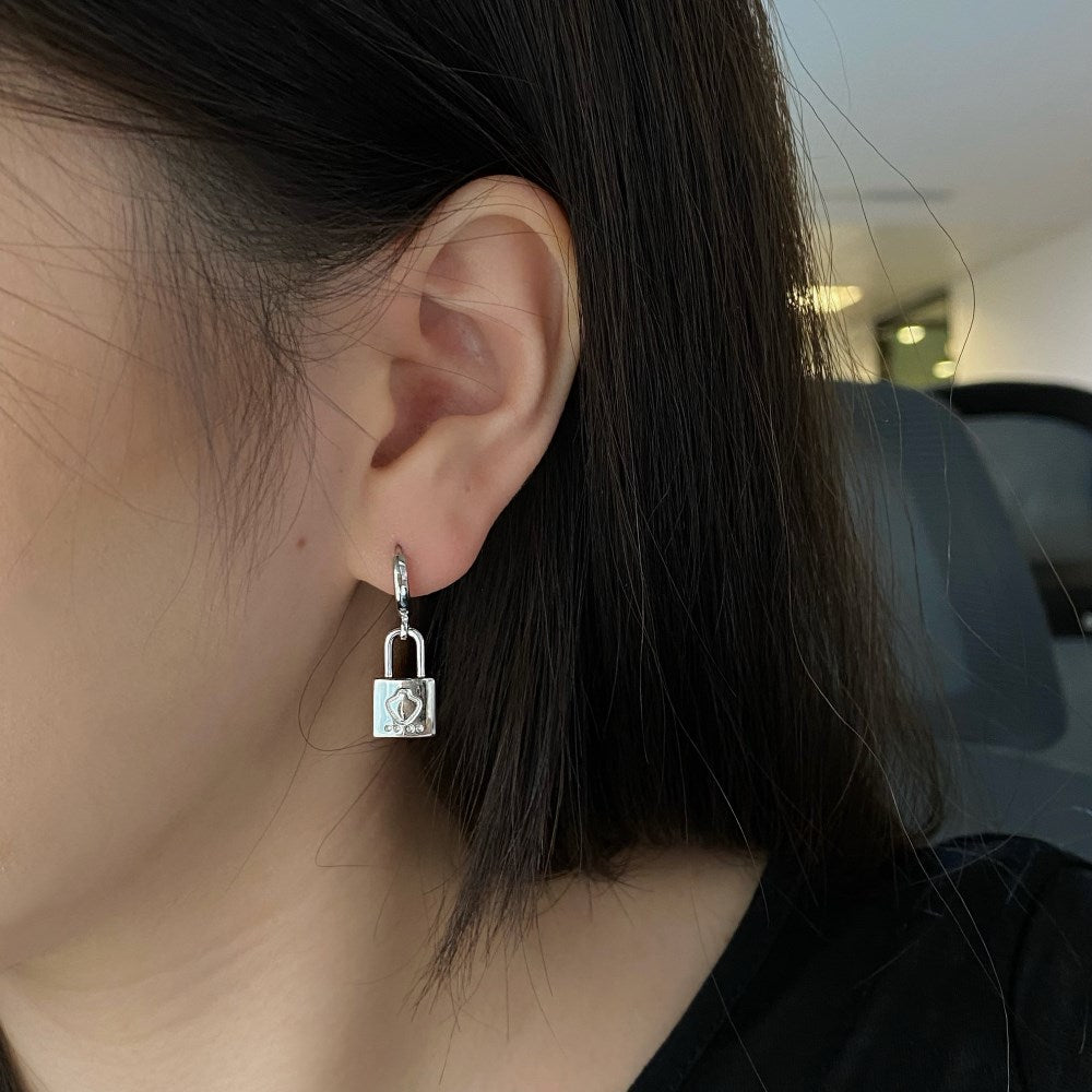 Silver Drop Lock Huggie Earrings