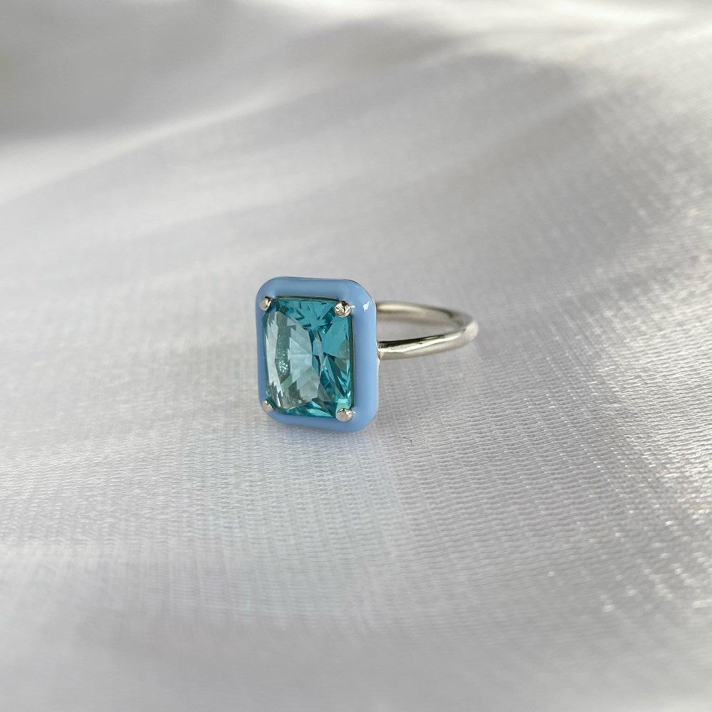 Silver Zircon Radiant Cut Frame Solitaire Ring