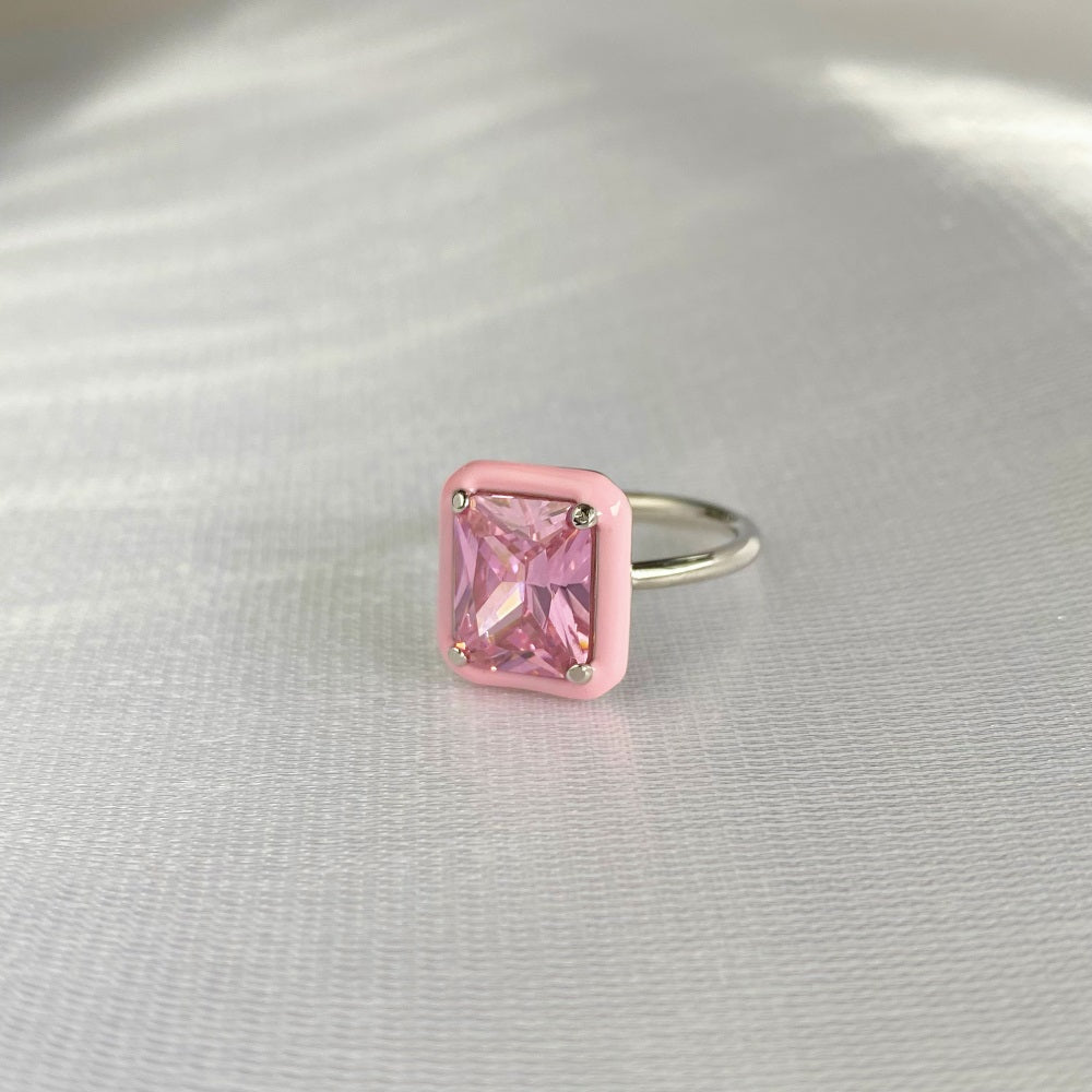 Silver Zircon Radiant Cut Frame Solitaire Ring