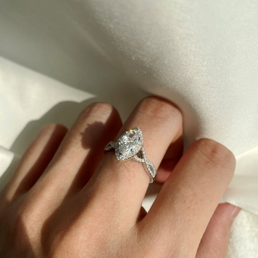 Silver Zircon Marquise Cut Iced Twisted Halo Ring