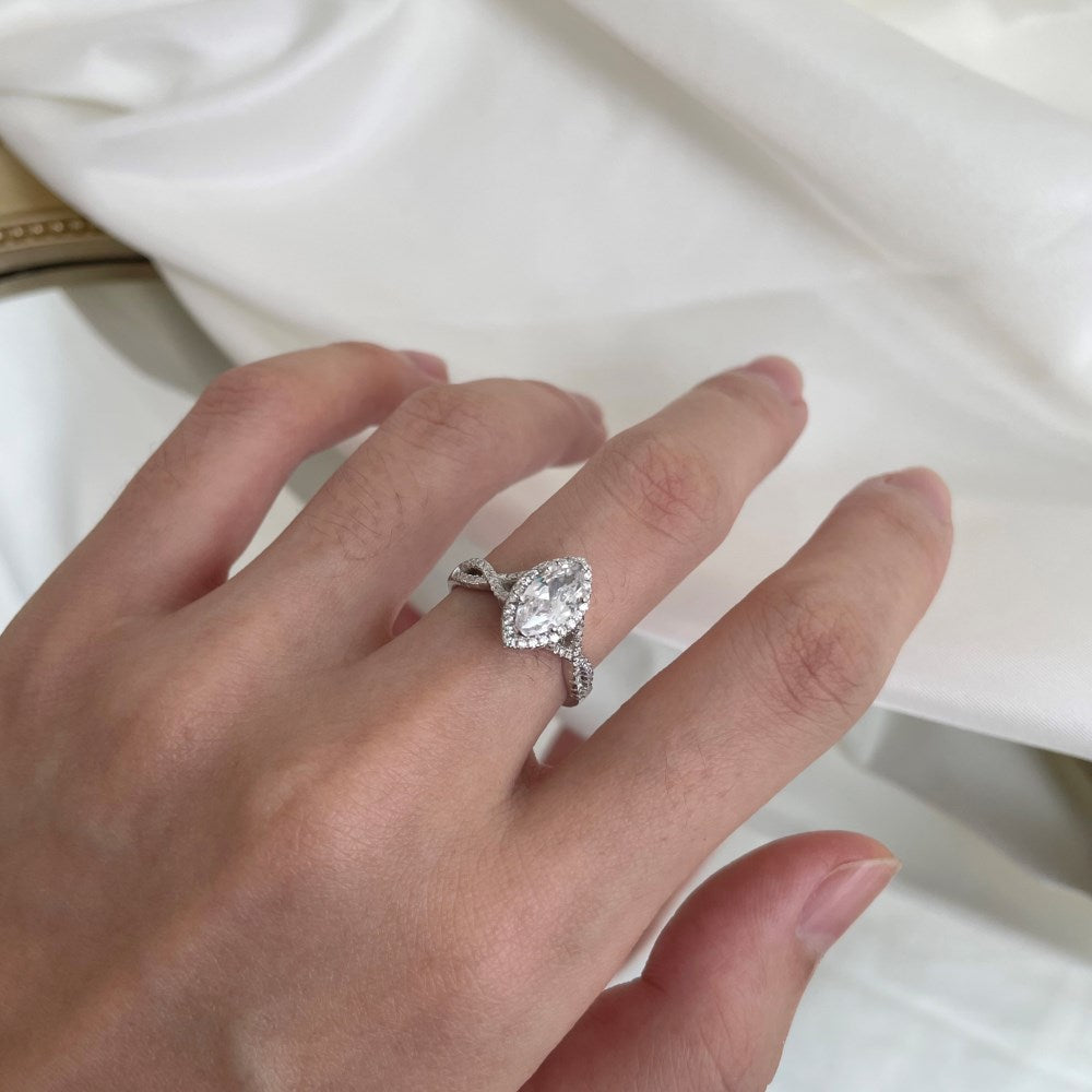 Silver Zircon Marquise Cut Iced Twisted Halo Ring