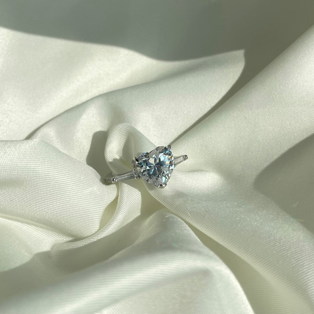 Silver Zircon Heart Cut Trilogy Three Stone Ring
