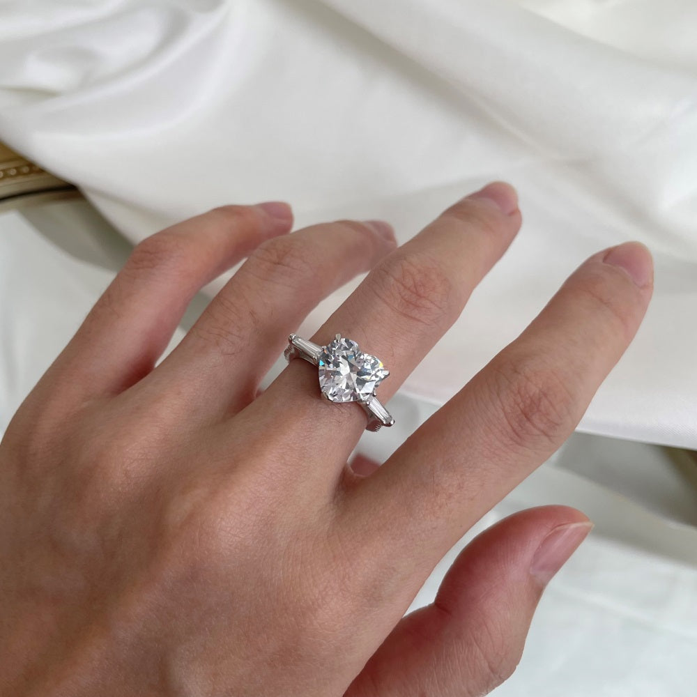 Silver Zircon Heart Cut Trilogy Three Stone Ring