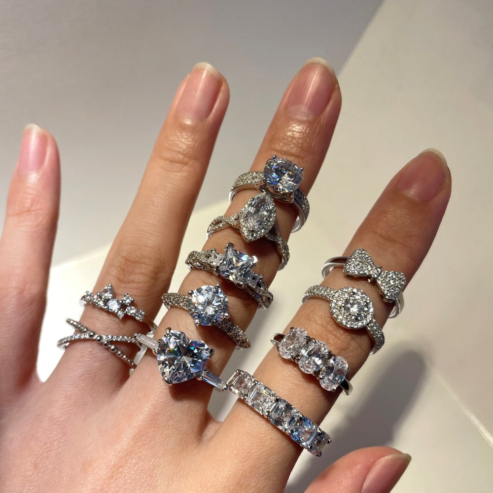 Silver Zircon Round Cut Twisted Beaded Crossover Ring