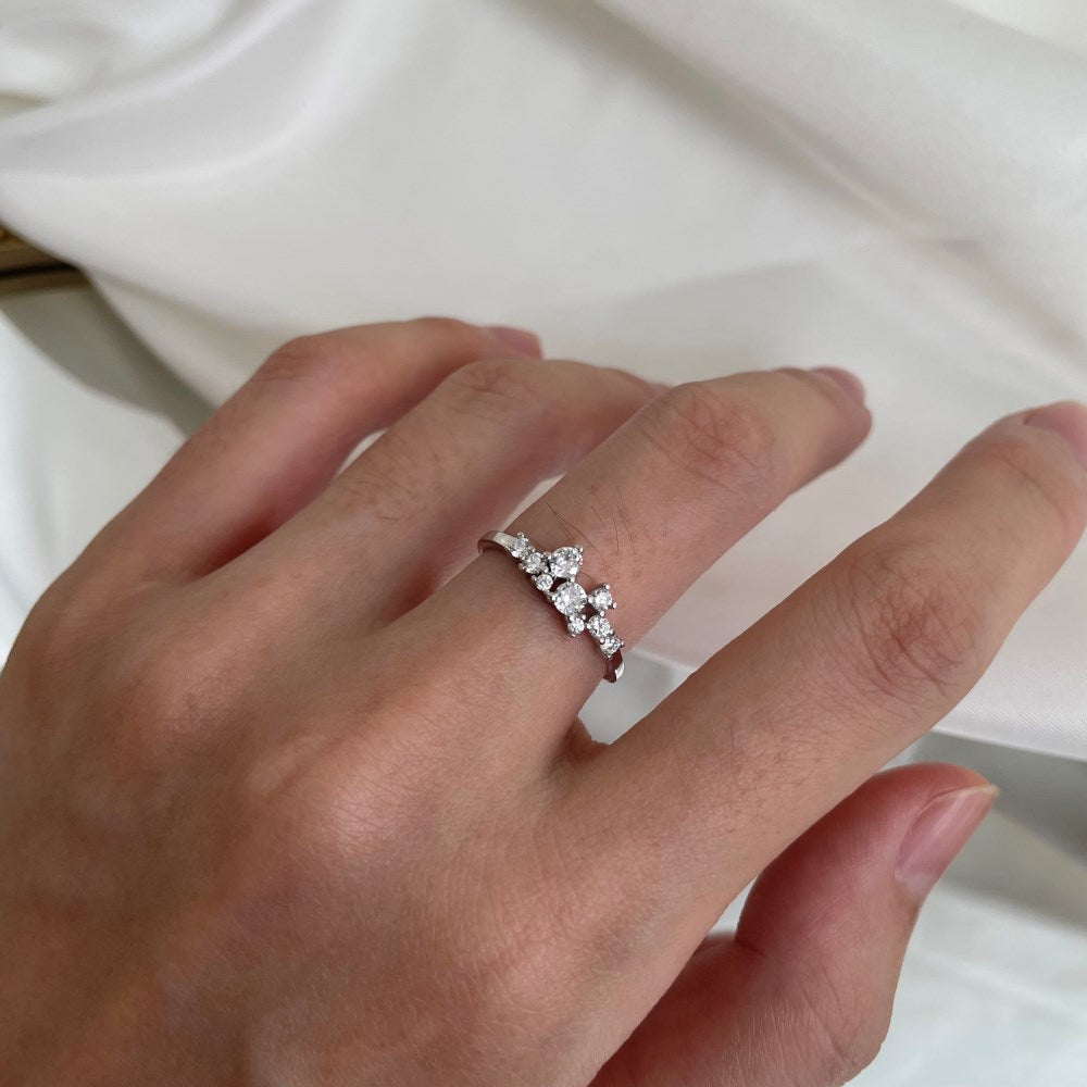 Silver Zircon Round Cut Irregular Multi Dots Dainty Ring