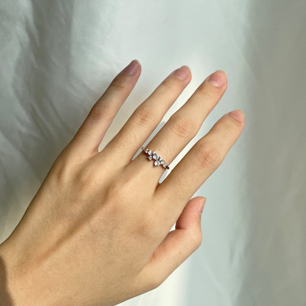 Silver Zircon Round Cut Irregular Multi Dots Dainty Ring
