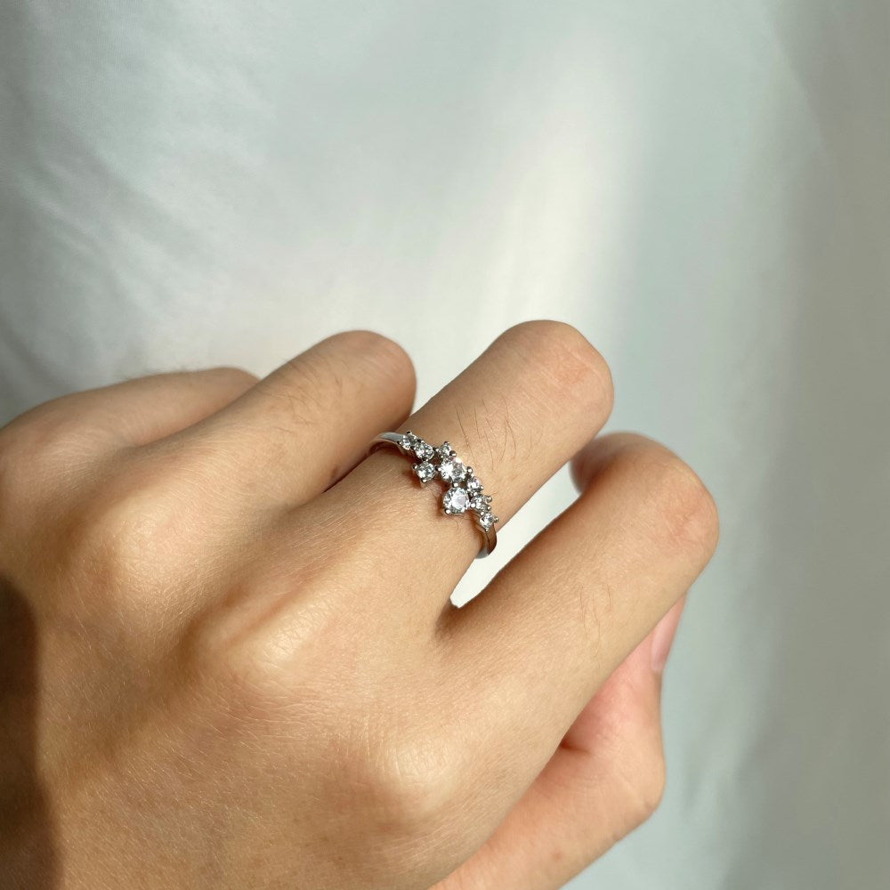 Silver Zircon Round Cut Irregular Multi Dots Dainty Ring