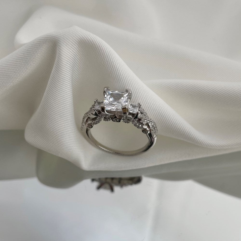 Silver Zircon Princess Cut Inlaid Three Stone Ring