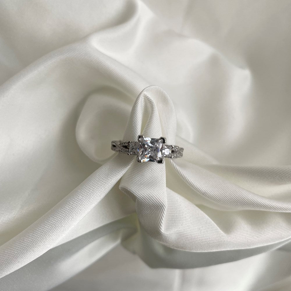 Silver Zircon Princess Cut Inlaid Three Stone Ring