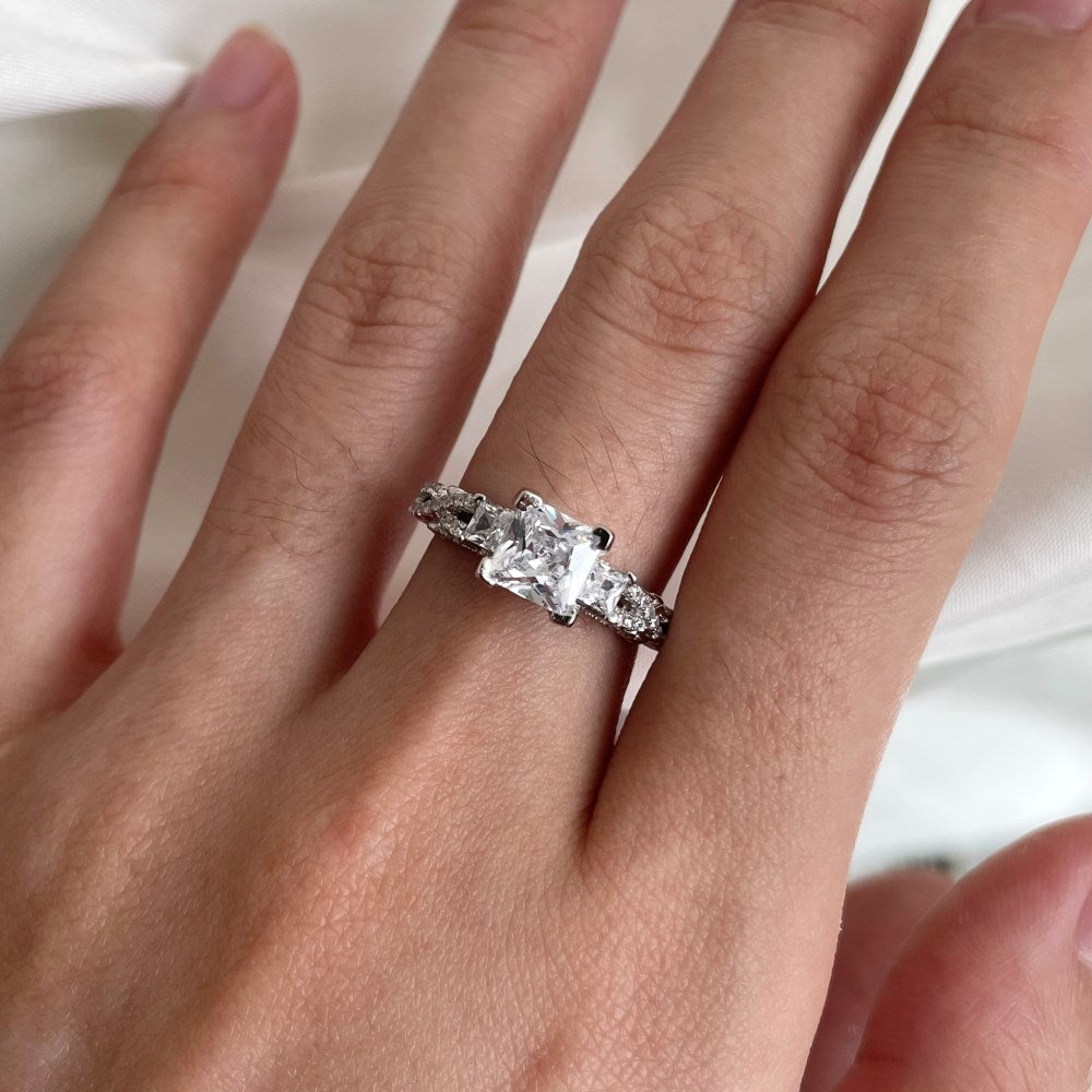 Silver Zircon Princess Cut Inlaid Three Stone Ring