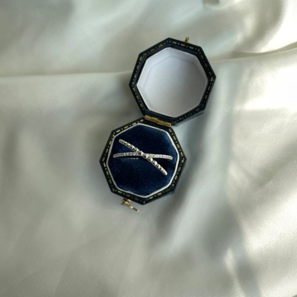 Silver Zircon Round Cut Twisted Beaded Crossover Ring