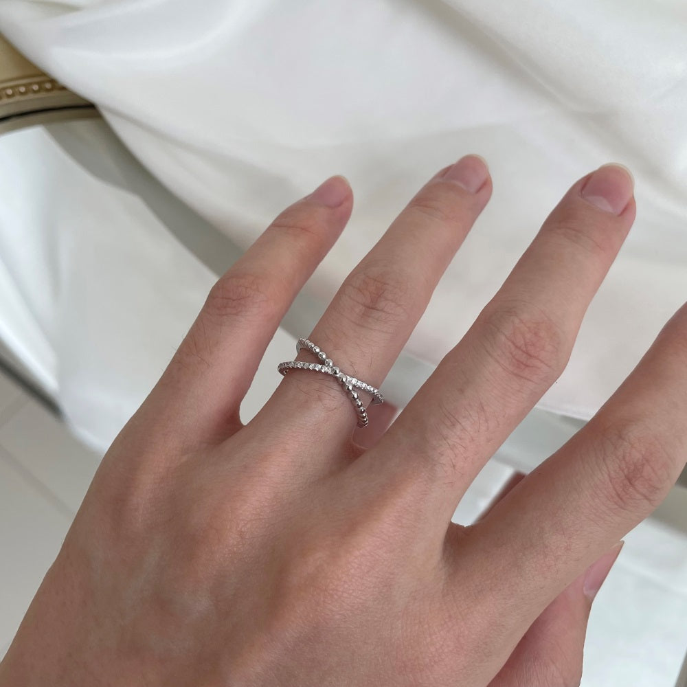 Silver Zircon Round Cut Twisted Beaded Crossover Ring