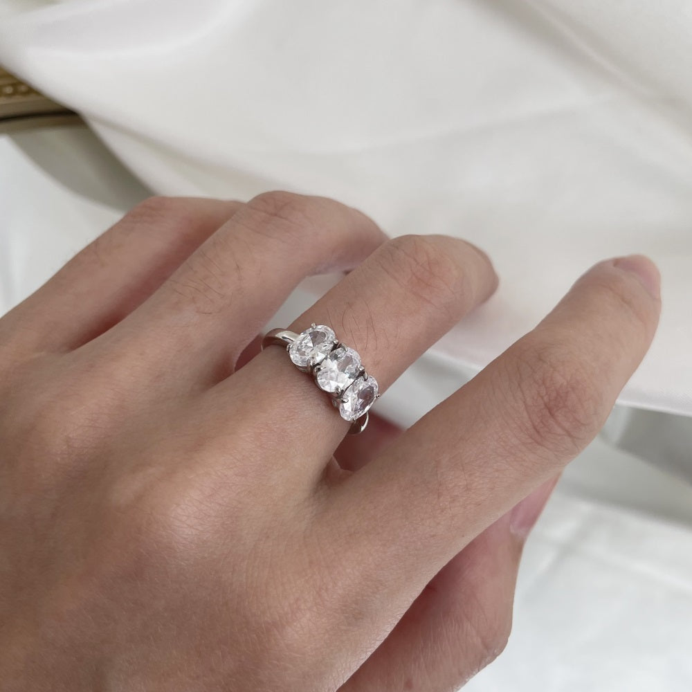 Silver Zircon Oval Cut Inlaid Three Stone Ring