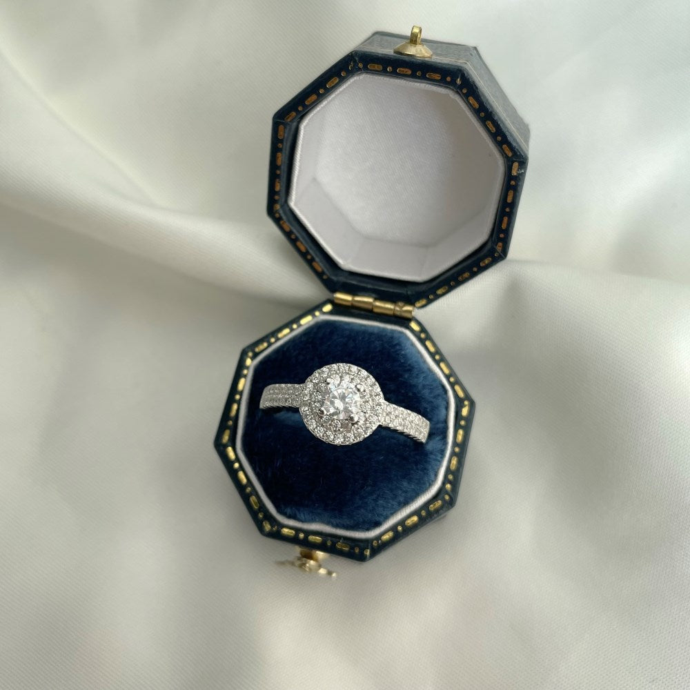 Silver Zircon Round Cut Iced Wrapped Halo Ring