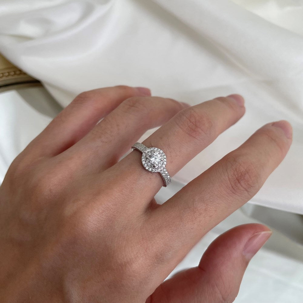 Silver Zircon Round Cut Iced Wrapped Halo Ring