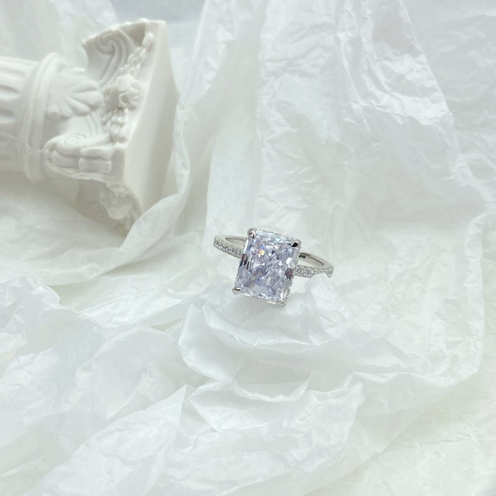 Silver Zircon Radiant Cut Iced Inlaid Solitaire Ring