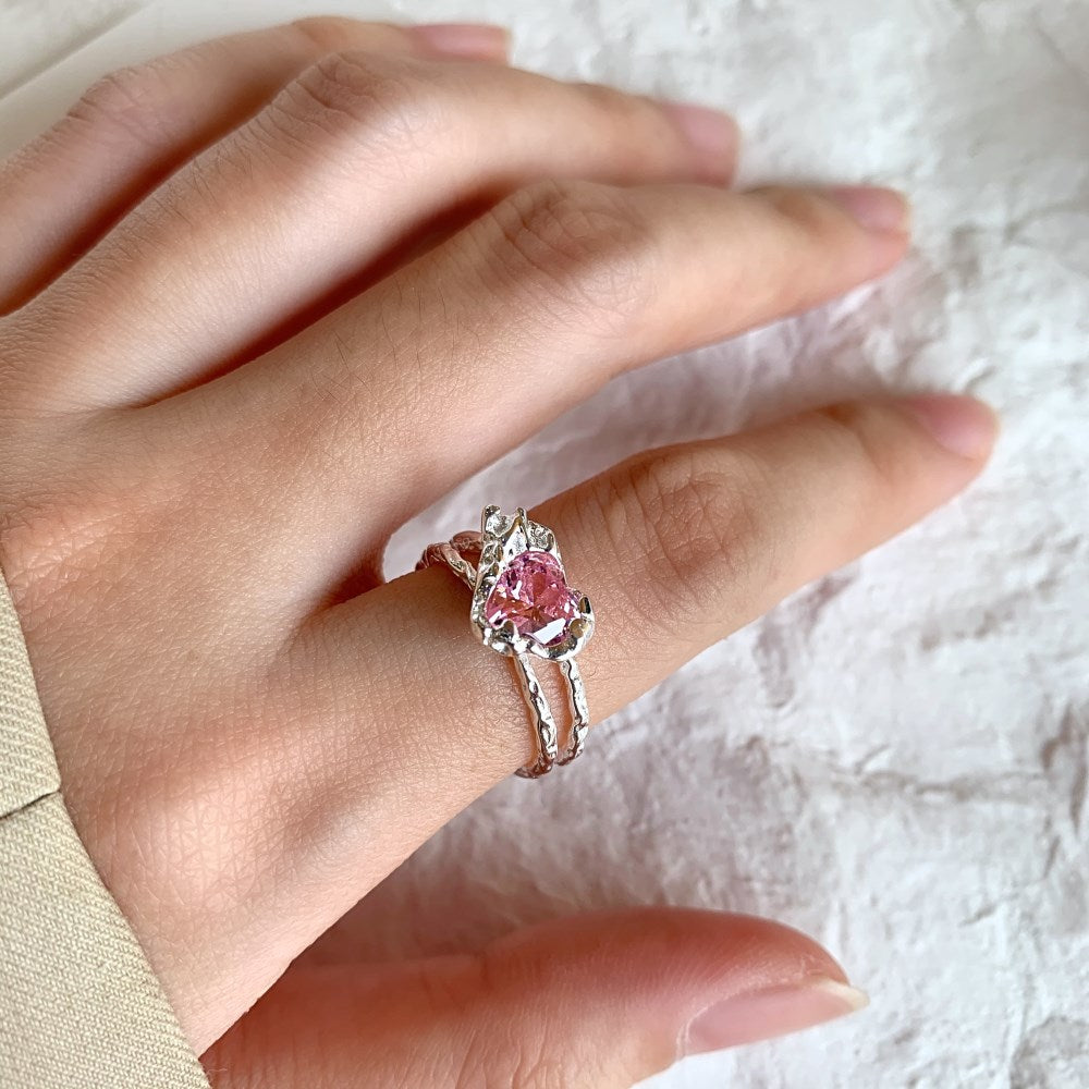 Silver Zircon Heart Cut Melted Dainty Ring
