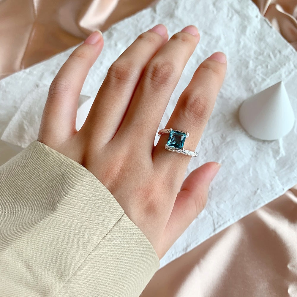 Silver Zircon Princess Cut Twisted Open Bypass Ring