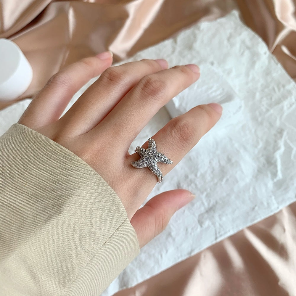 Silver Zircon Round Cut Iced Starfish Dainty Ring