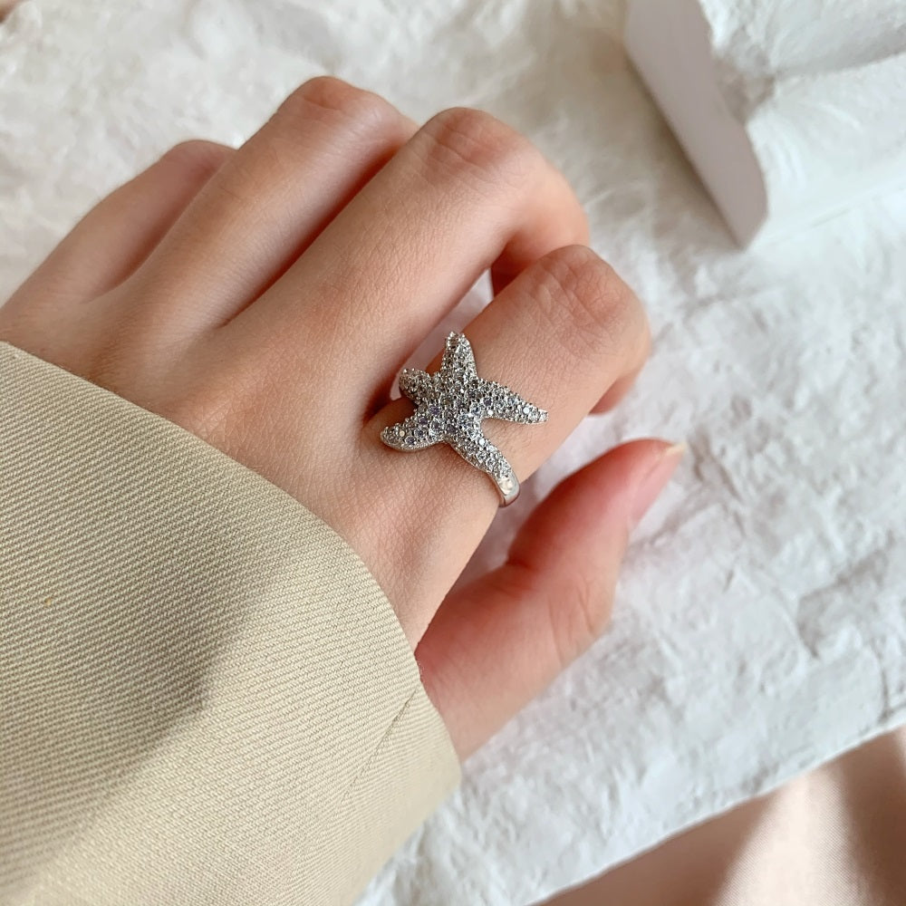 Silver Zircon Round Cut Iced Starfish Dainty Ring