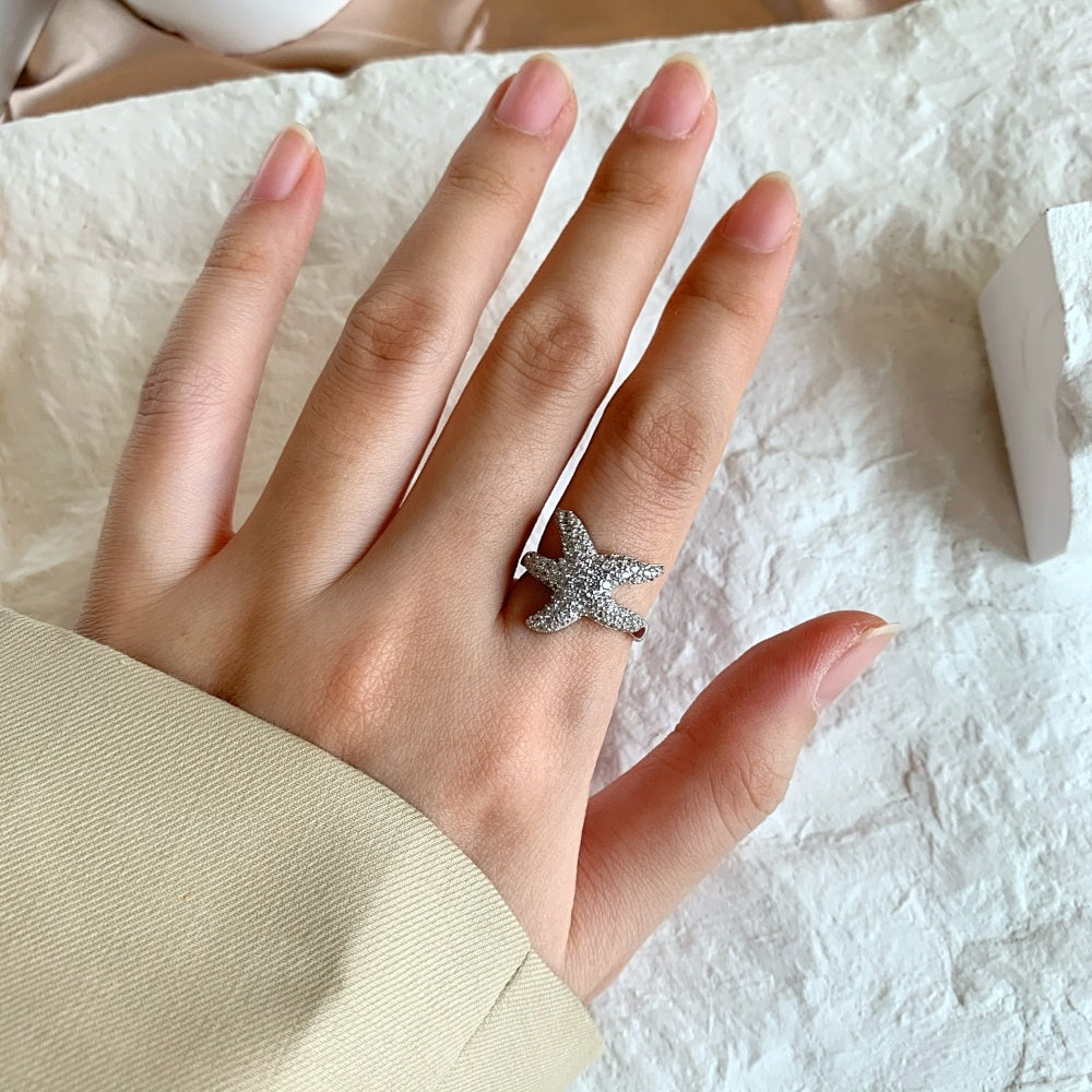 Silver Zircon Round Cut Iced Starfish Dainty Ring