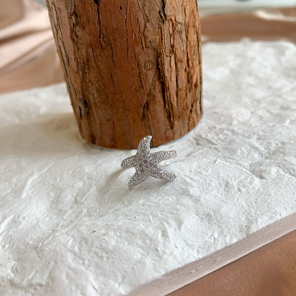 Silver Zircon Round Cut Iced Starfish Dainty Ring