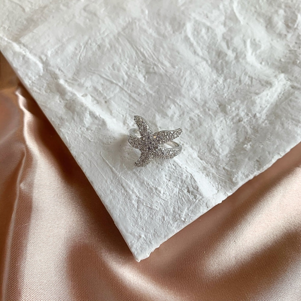 Silver Zircon Round Cut Iced Starfish Dainty Ring