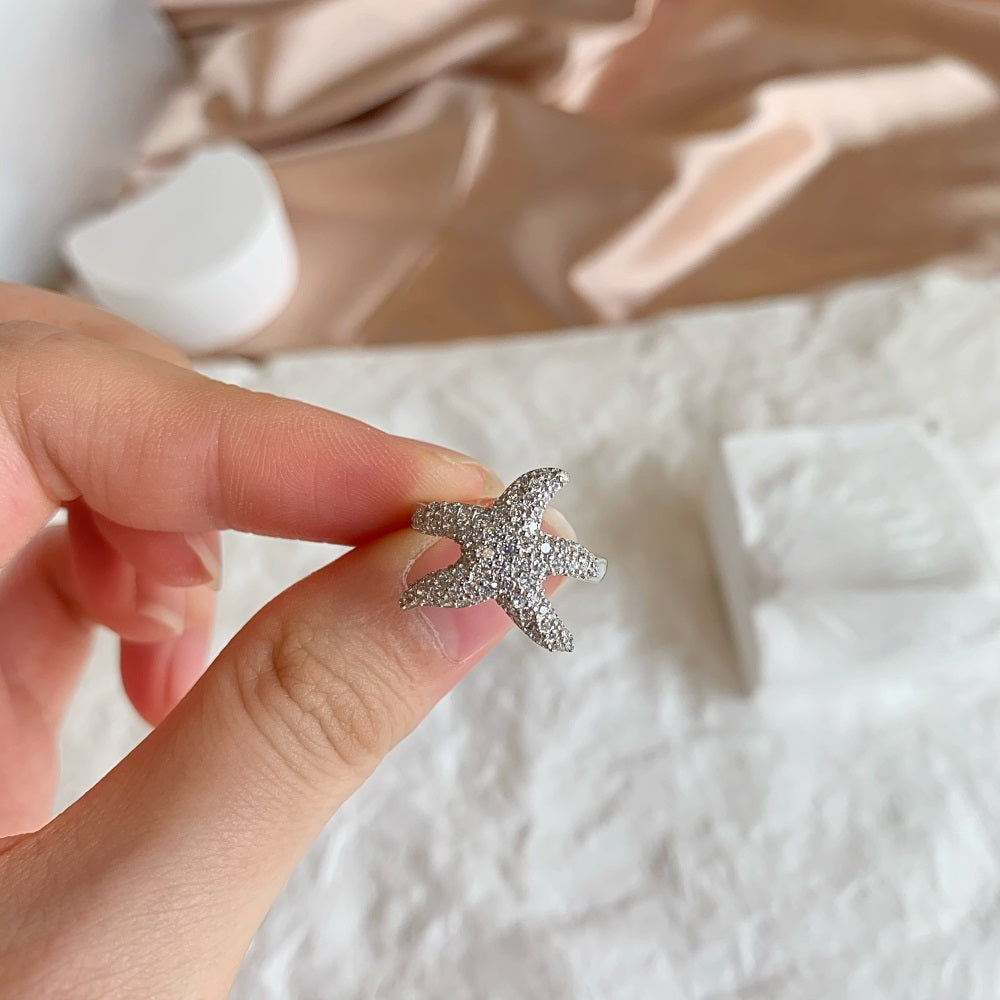 Silver Zircon Round Cut Iced Starfish Dainty Ring