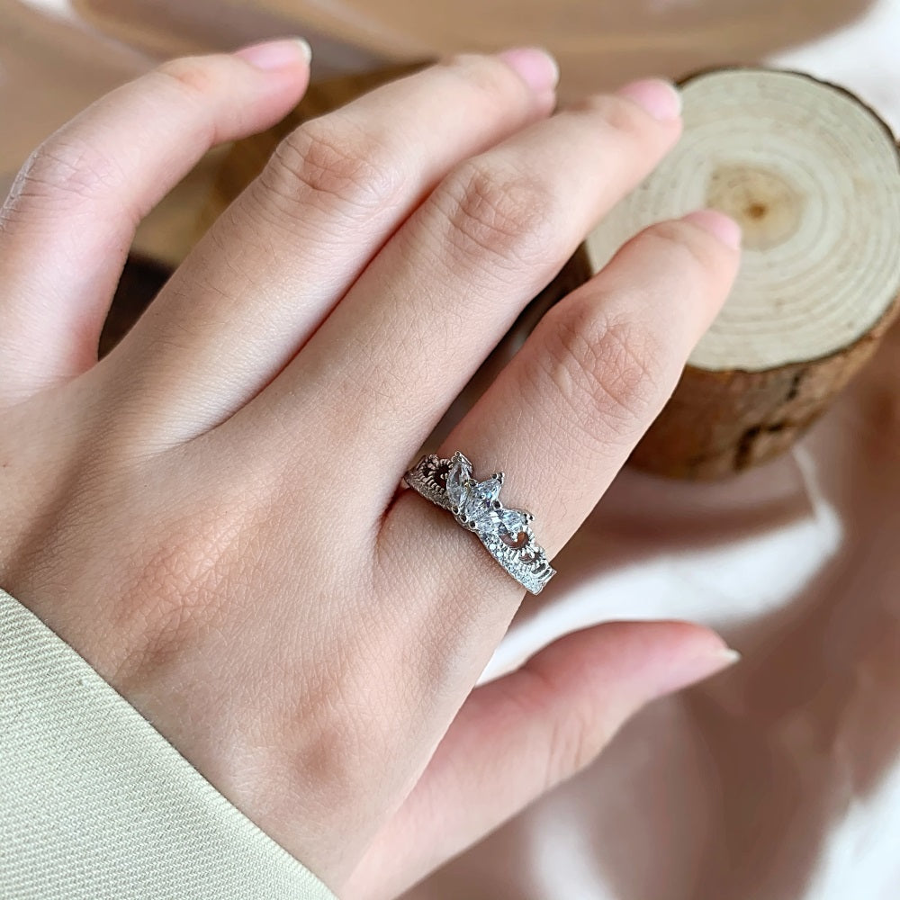Silver Zircon Marquise Cut Crown Dainty Ring