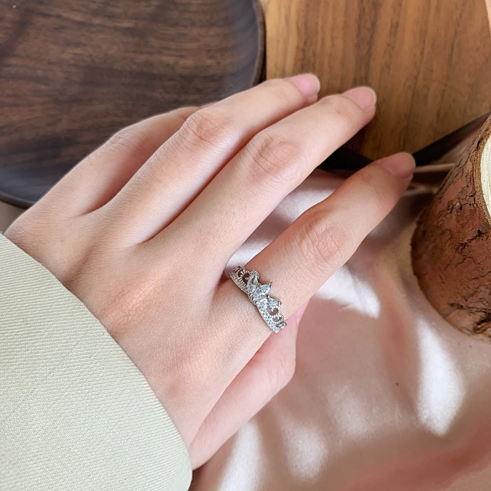 Silver Zircon Marquise Cut Crown Dainty Ring