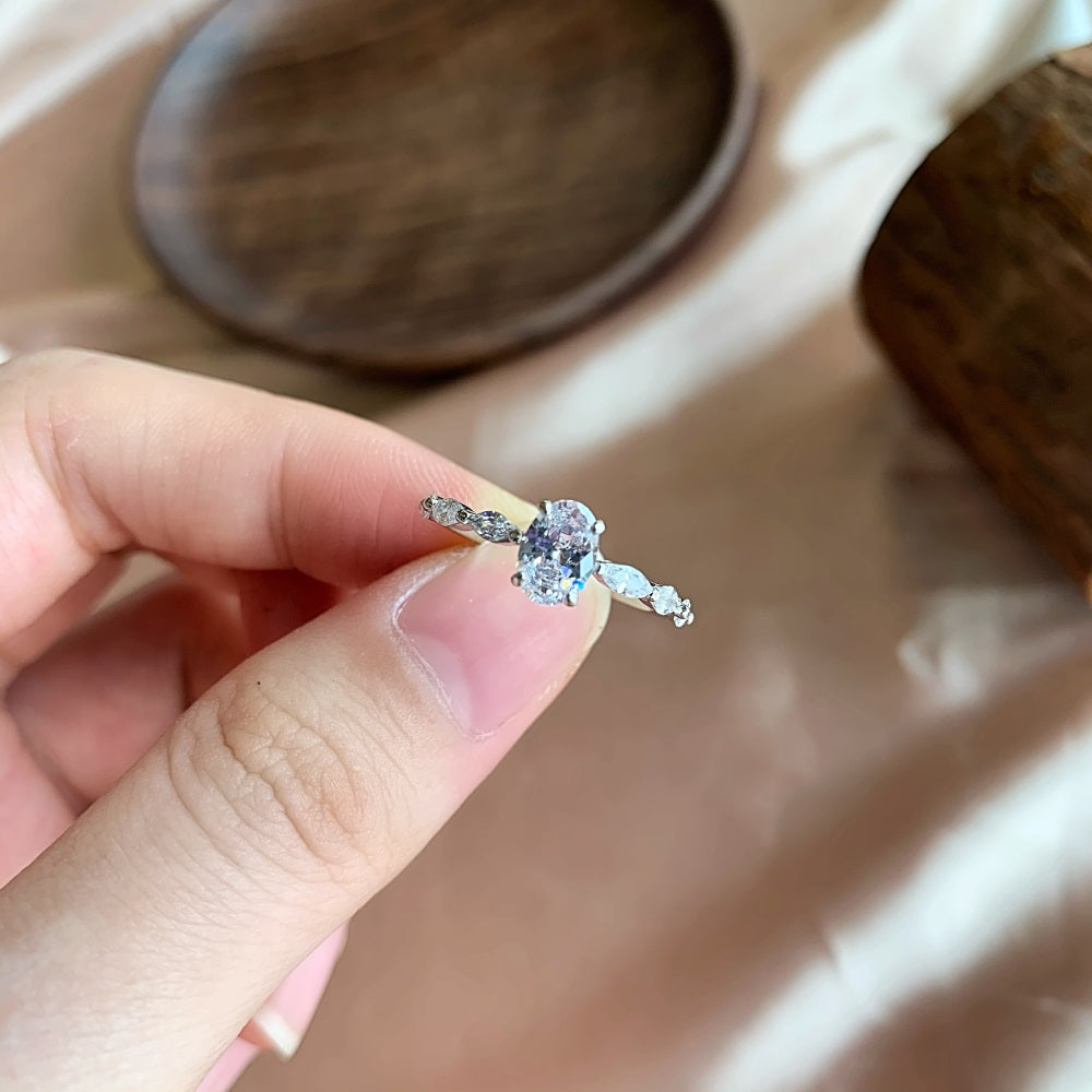 Silver Zircon Oval Cut Thin Multi Shape Solitaire Ring