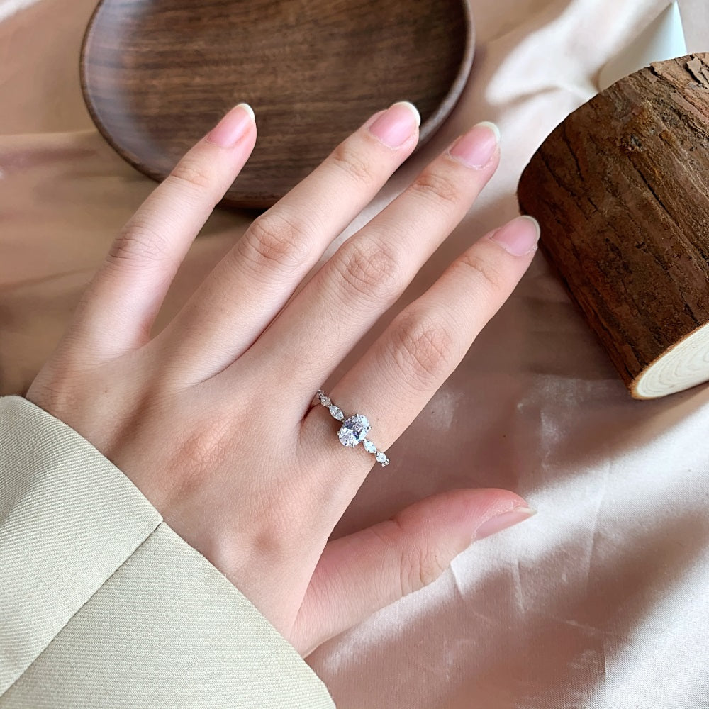 Silver Zircon Oval Cut Thin Multi Shape Solitaire Ring