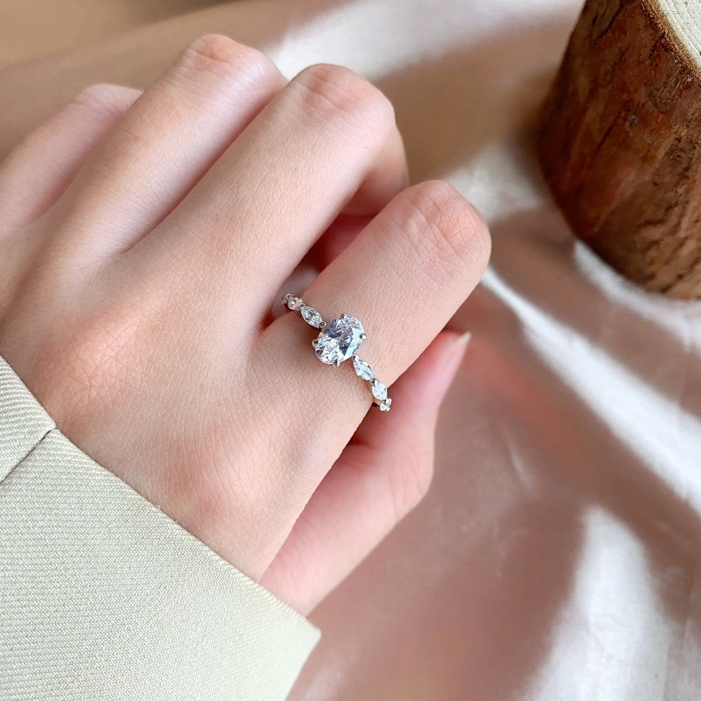 Silver Zircon Oval Cut Thin Multi Shape Solitaire Ring
