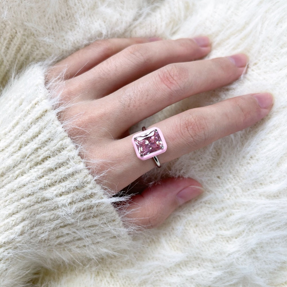 Silver Zircon Radiant Cut Frame Solitaire Ring