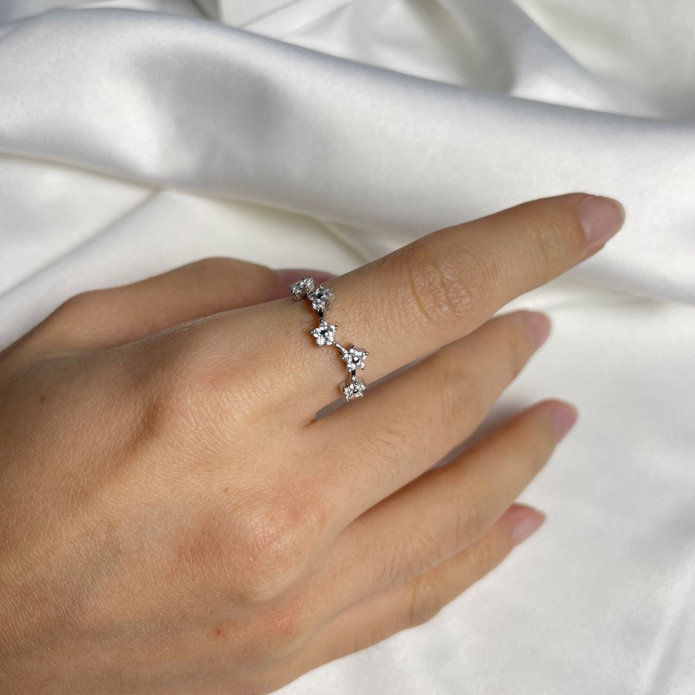 Silver Zircon Round Cut Irregular Flowers Dainty Ring