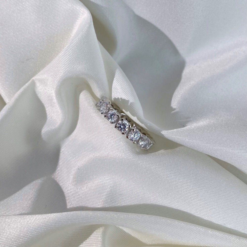 Silver Zircon Round Cut Wrapped Box Eternity Ring