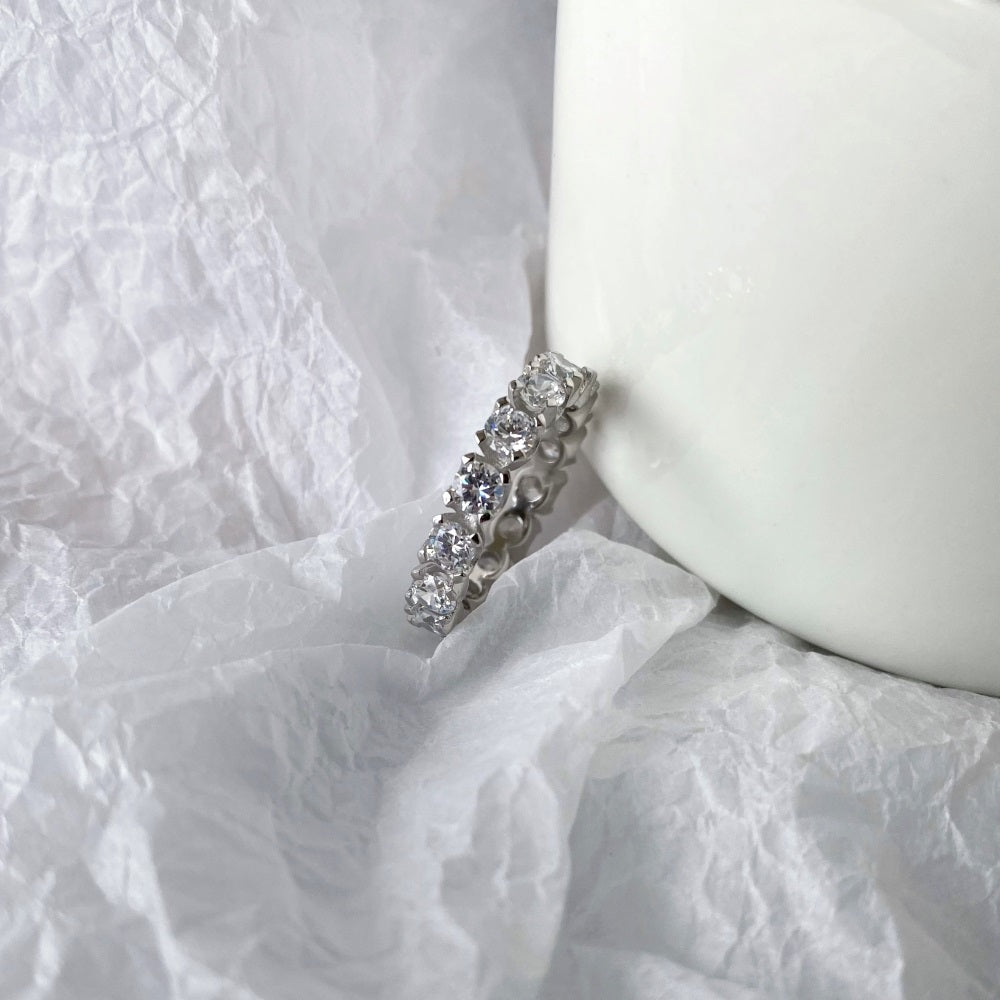 Silver Zircon Round Cut Wrapped Box Eternity Ring