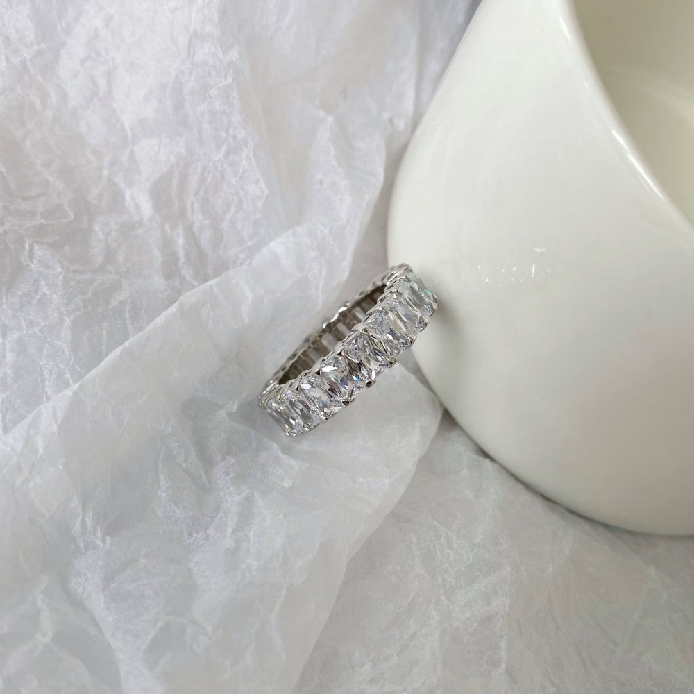 Silver Zircon Cushion Cut Wrapped Inlaid Eternity Ring