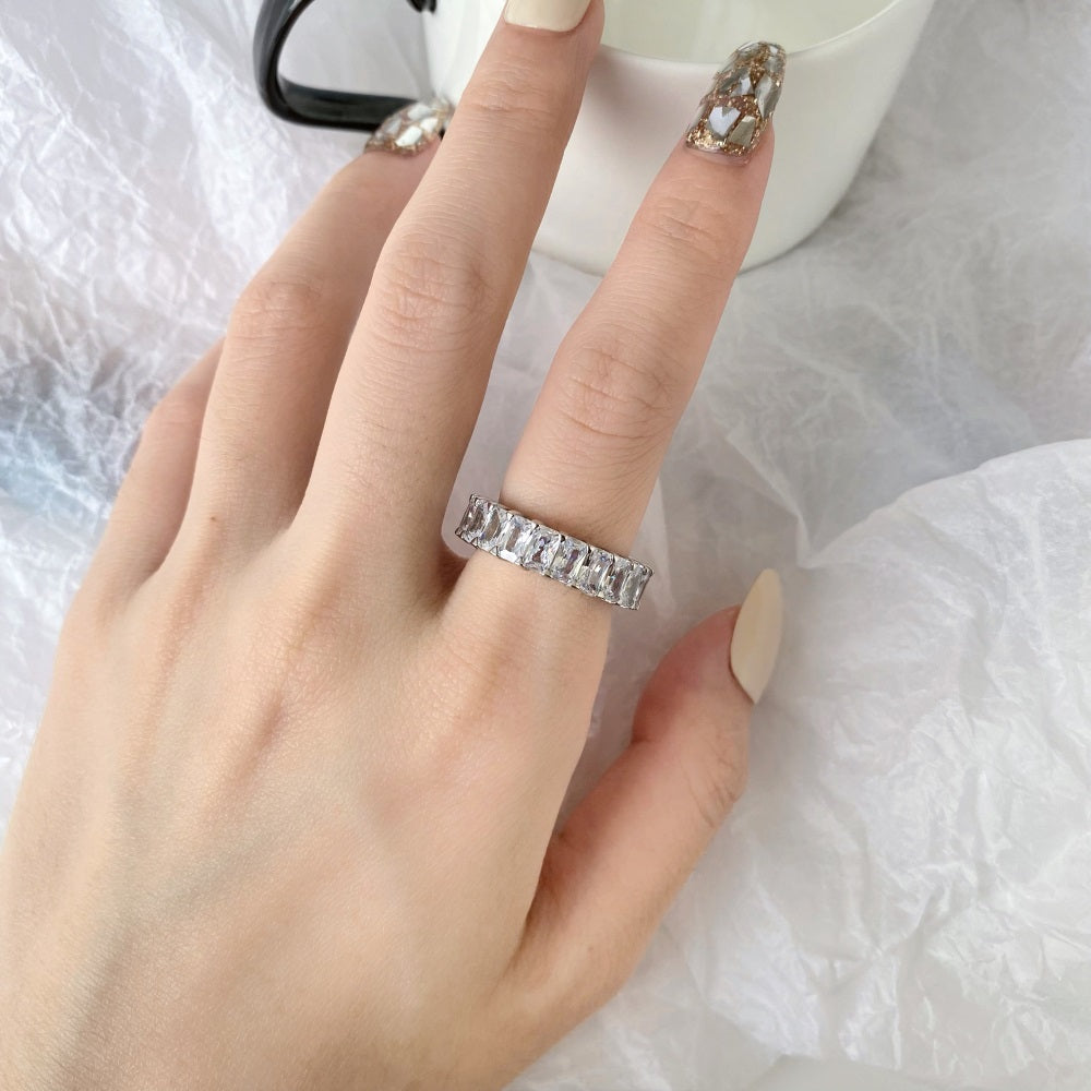 Silver Zircon Cushion Cut Wrapped Inlaid Eternity Ring