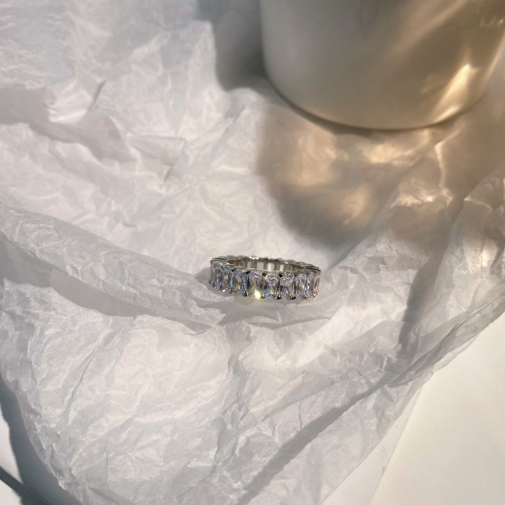 Silver Zircon Cushion Cut Wrapped Inlaid Eternity Ring