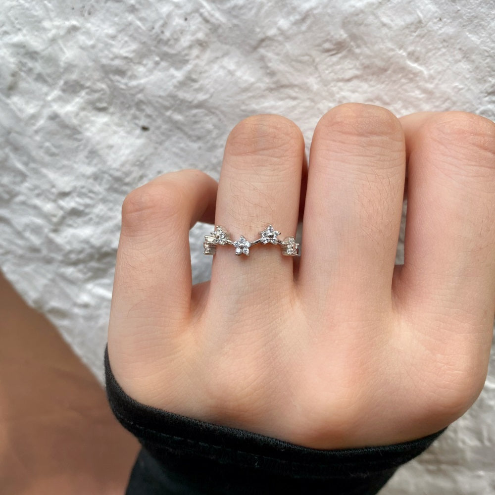 Silver Zircon Round Cut Irregular Flowers Dainty Ring