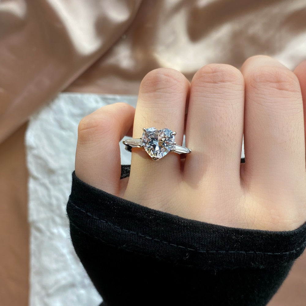 Silver Zircon Heart Cut Trilogy Three Stone Ring