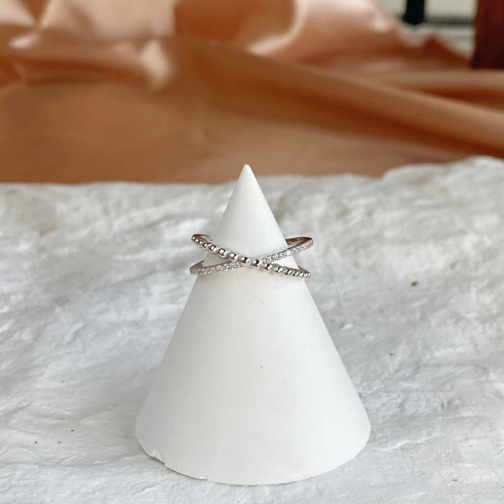 Silver Zircon Round Cut Twisted Beaded Crossover Ring