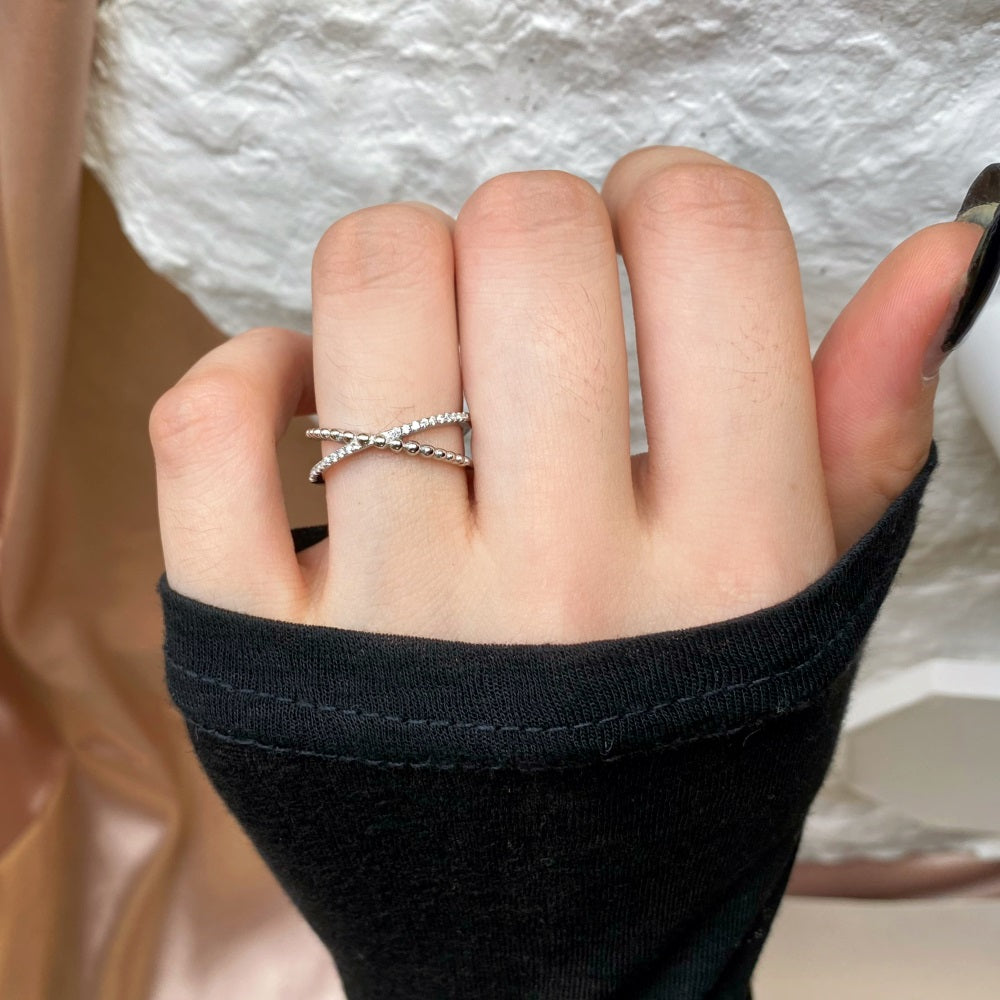 Silver Zircon Round Cut Twisted Beaded Crossover Ring