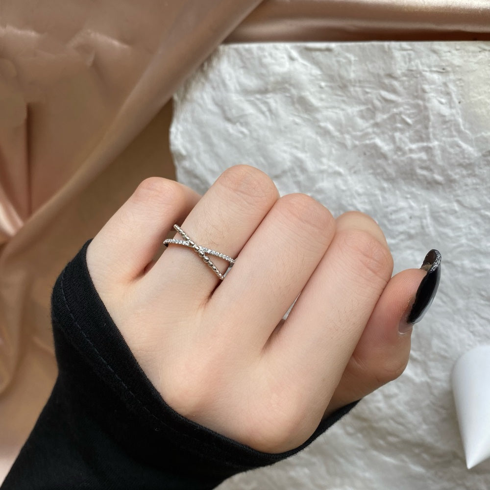 Silver Zircon Round Cut Twisted Beaded Crossover Ring