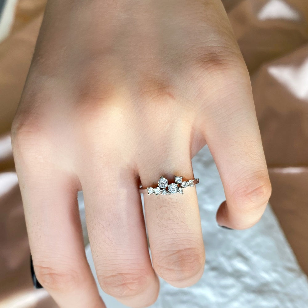 Silver Zircon Round Cut Irregular Multi Dots Dainty Ring