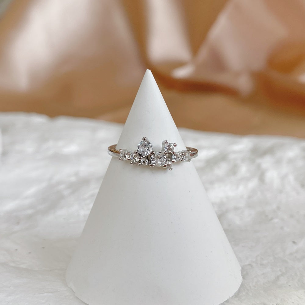 Silver Zircon Round Cut Irregular Multi Dots Dainty Ring