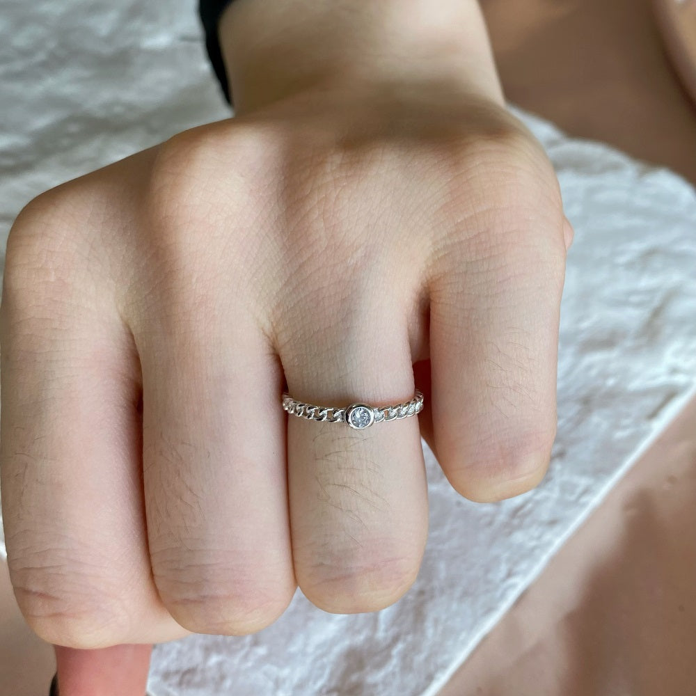Silver Zircon Round Cut Cuban Dainty Ring